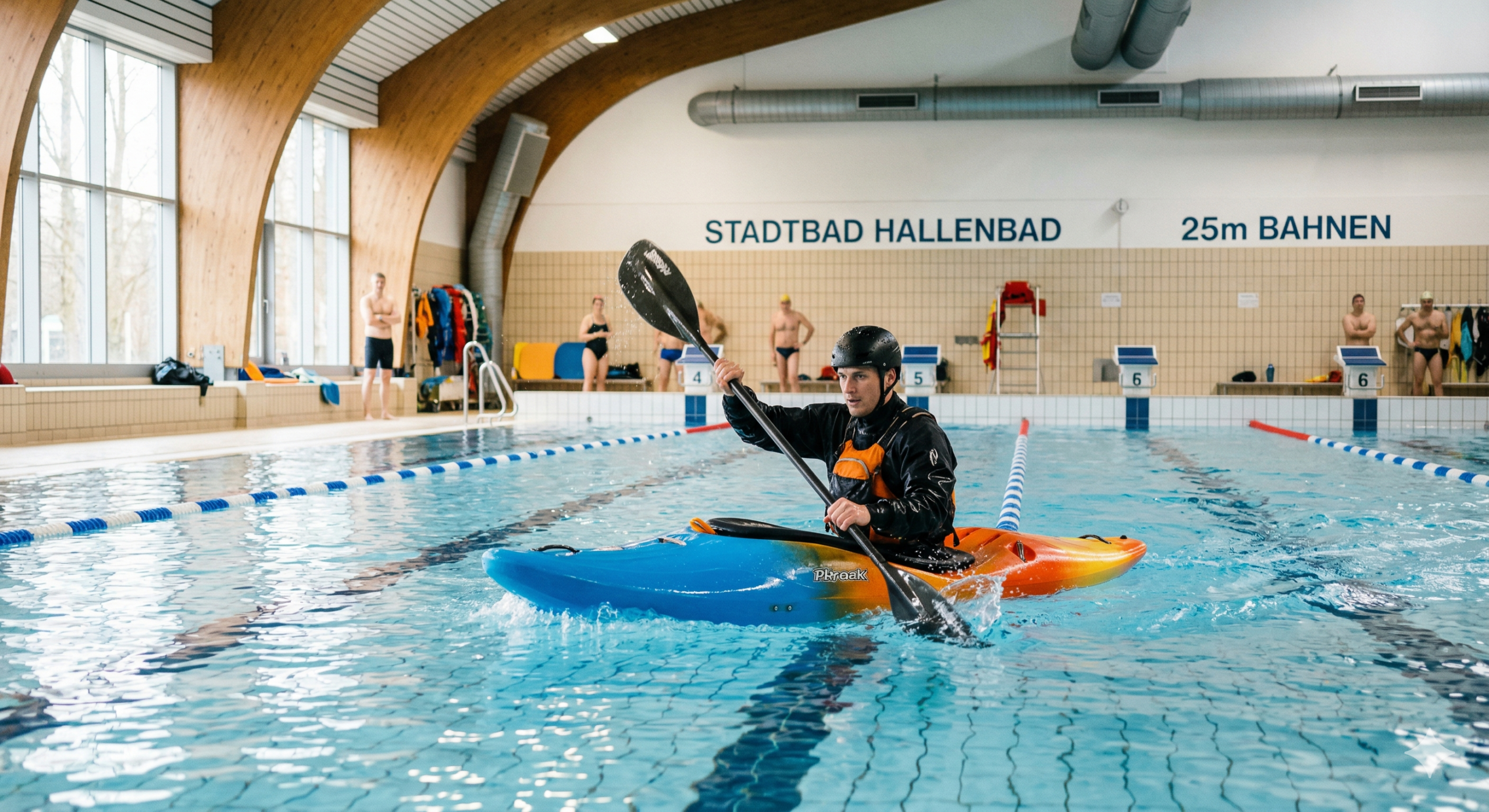 Paddler im Kajak in der Schwimmhalle