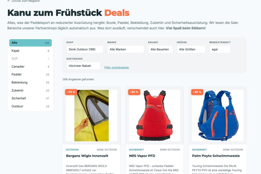 Screenshot des Dealportals von Kanu zum Frühstück mit dem Filter auf Denk Outdoor und 186 reduzierten Artikeln