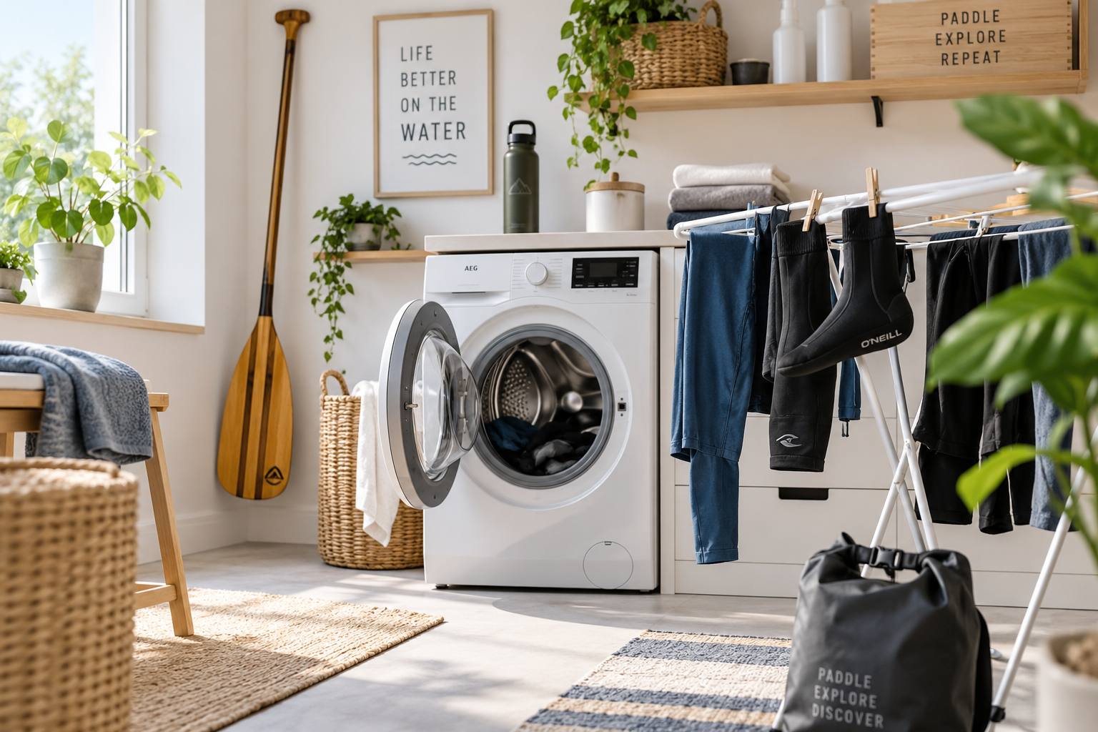 Waschmaschine und Wäscheständer mit trocknender Paddelbekleidung, daneben ein Stechpaddel an der Wand.