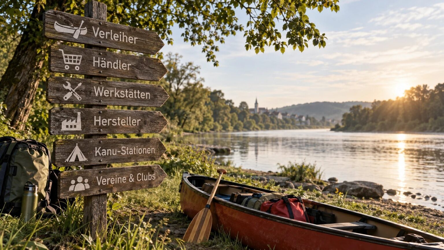 Hölzerner Wegweiser am Flussufer mit Schildern zu Verleiher, Händler, Werkstätten, Hersteller, Kanu-Stationen und Vereinen, daneben ein bepackter Kanadier