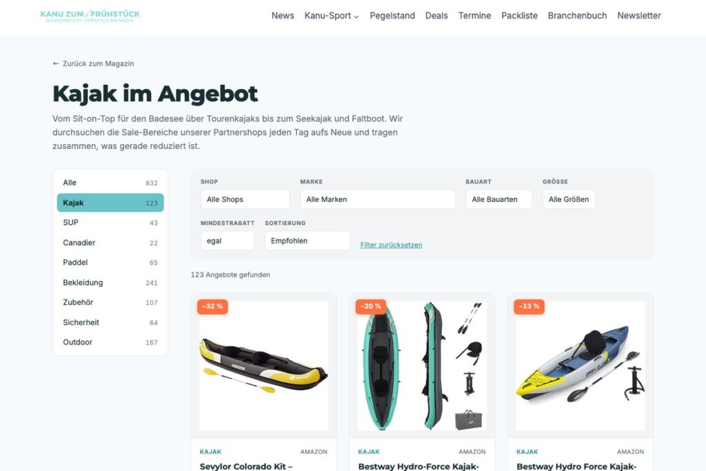 Screenshot der Kategorie Kajak im Deal-Portal von Kanu zum Frühstück mit Filtern für Shop, Marke, Bauart und Größe sowie drei reduzierten Kajaks.