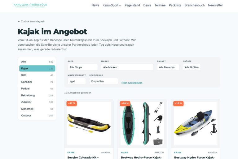 Kanu zum Frühstück Deals: alle Paddel-Angebote an einer Stelle