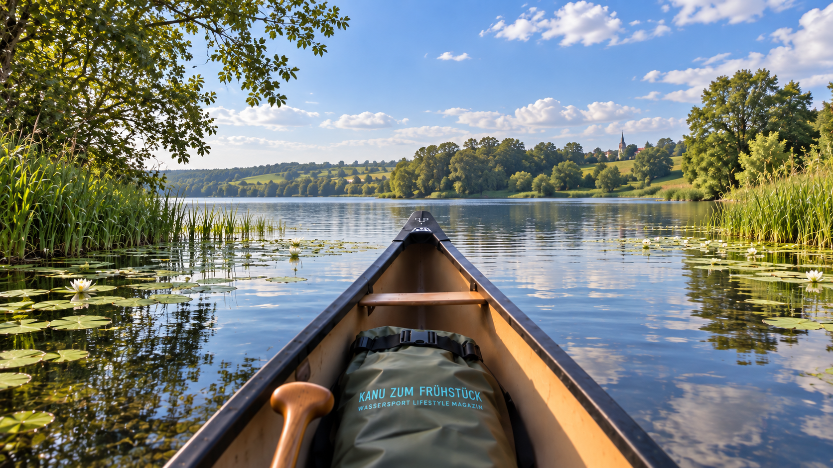 Kanutour auf der Schwentine: Blick über den Bug eines Kanadiers auf einen See mit Seerosen und Schilf am Ufer