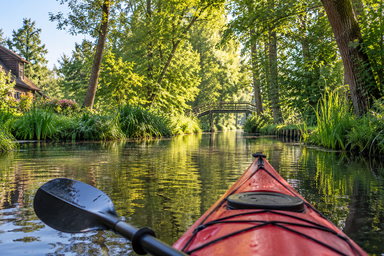 Kanutour im Spreewald: Blick über den Bug eines roten Kajaks auf ein schmales, baumgesäumtes Fließ mit Holzbrücke
