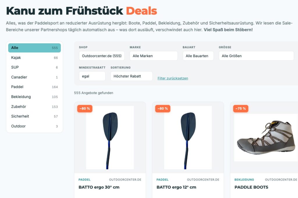 Screenshot des Deal-Portals von Kanu zum Frühstück mit dem Shopfilter auf Outdoorcenter.de, 555 Angeboten und reduzierten Paddeln und Paddelschuhen.