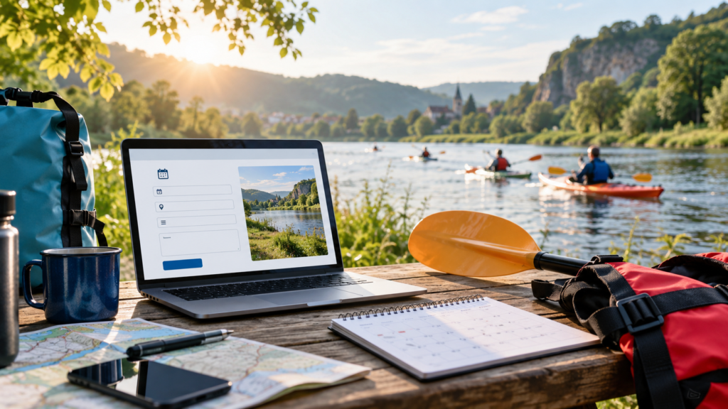 Laptop mit Terminformular auf einem Tisch am Fluss, im Hintergrund Kajakfahrer