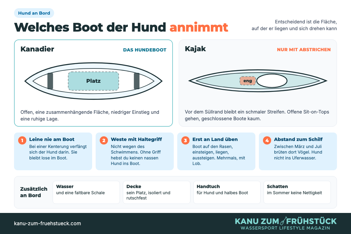 Vergleich Kanadier und Kajak für den Hund, dazu die vier Regeln: Weste mit Griff, Leine nie am Boot, erst an Land üben, Abstand zum Schilf.