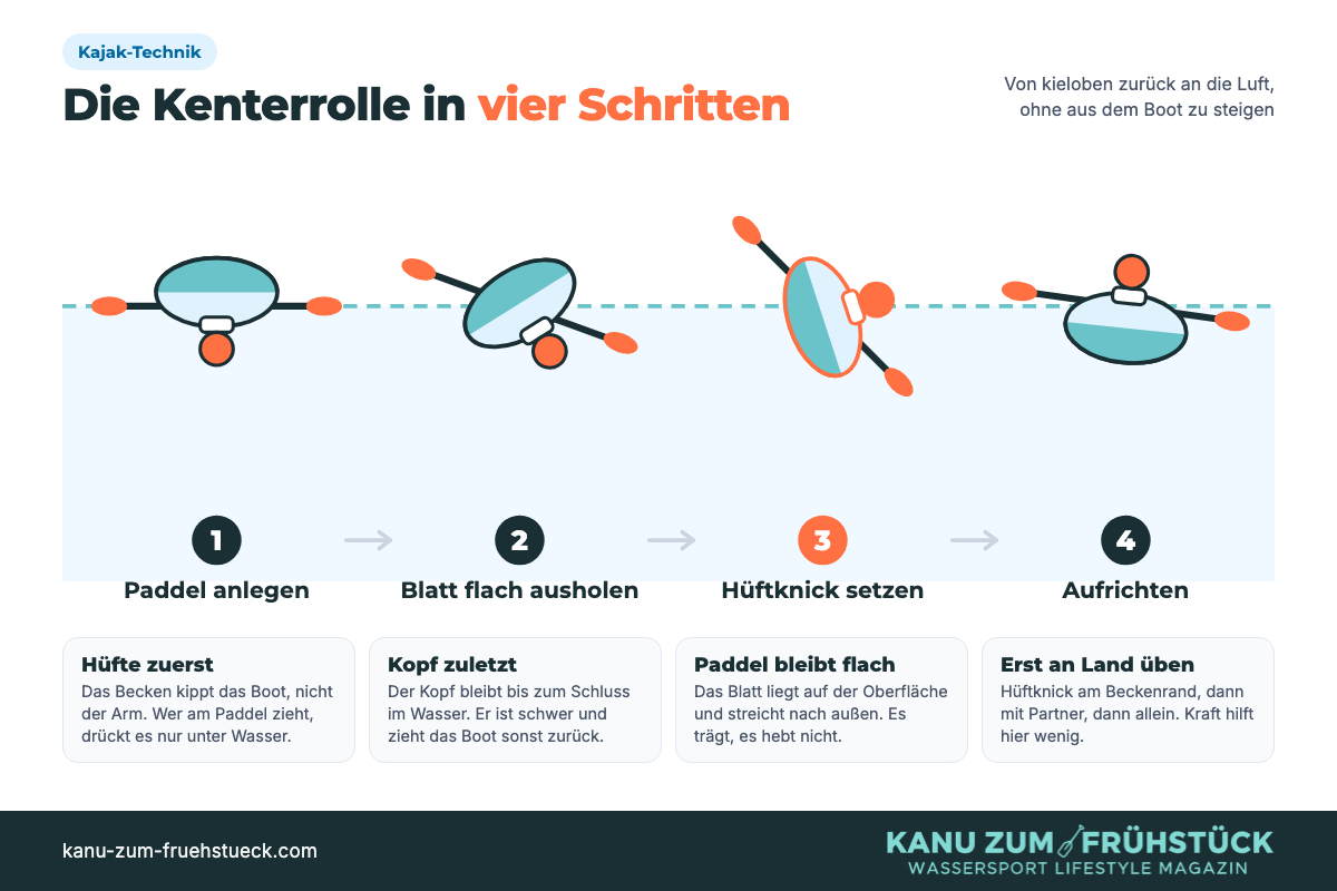 Vier Phasen der Kenterrolle: Paddel anlegen, Blatt flach ausholen, Hüftknick setzen, Aufrichten.