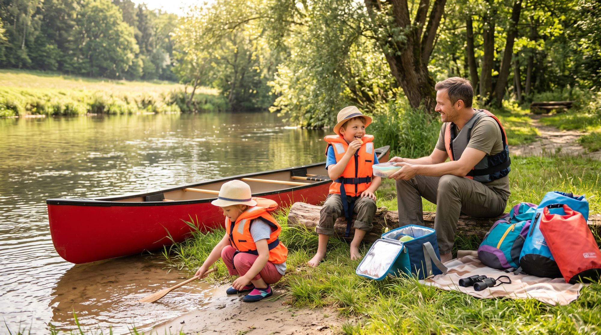 Zwei Kinder in orangen Schwimmwesten machen mit einem Erwachsenen Rast am Flussufer, daneben liegt ein roter Kanadier, auf der Decke stehen Kühltasche und Packsäcke.