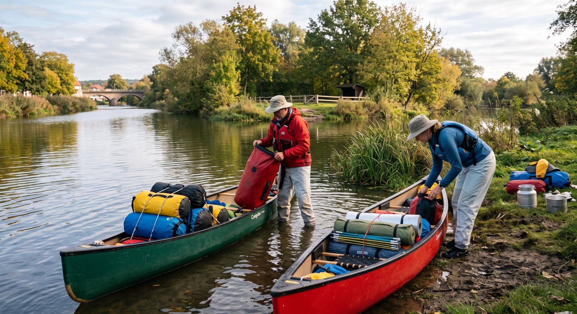 Zwei Paddler beladen am Flussufer zwei Kanadier mit wasserdichten Packsäcken, Isomatten und Zeltstangen.