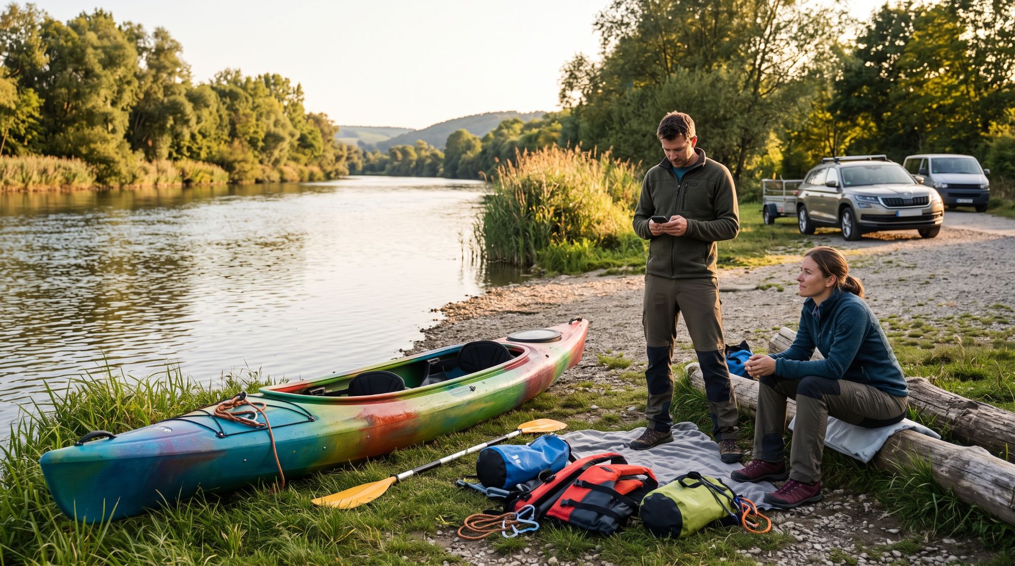 Kajak und Ausrüstung am Flussufer im Abendlicht, ein Paddler schaut aufs Handy, im Hintergrund ein Auto mit Bootsanhänger und ein Transporter.
