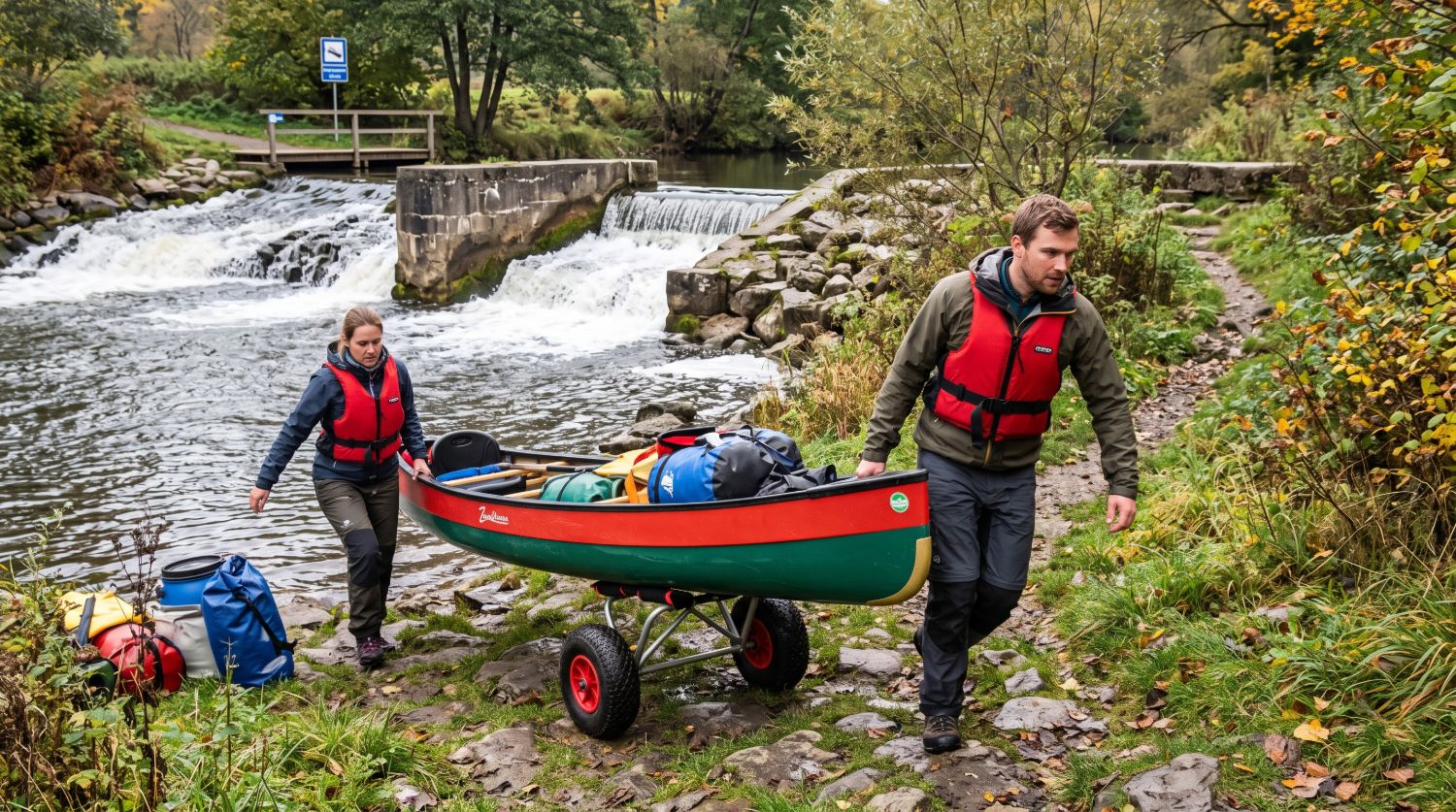Zwei Paddler in Schwimmwesten ziehen einen beladenen Kanadier auf einem Bootswagen über den Uferpfad an einem Wehr vorbei.